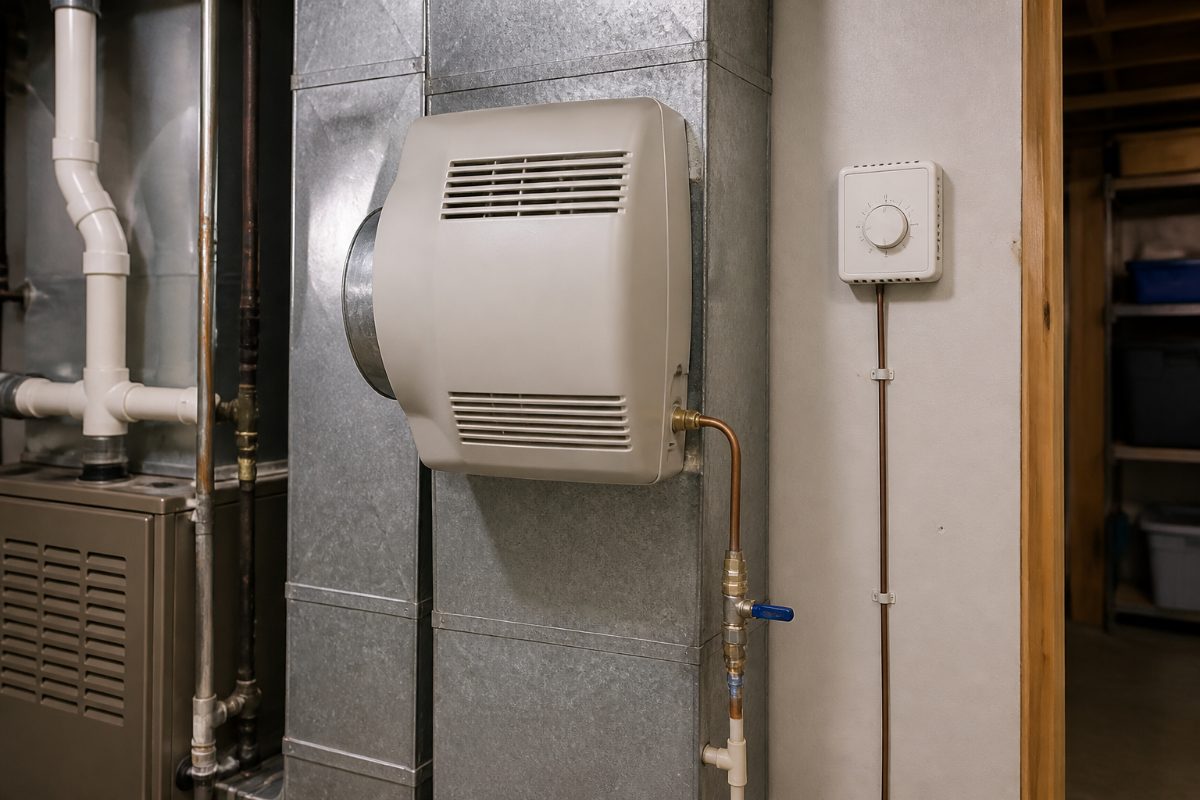 A whole-house humidifier, its water supply line, and nearby ductwork in a home utility space.