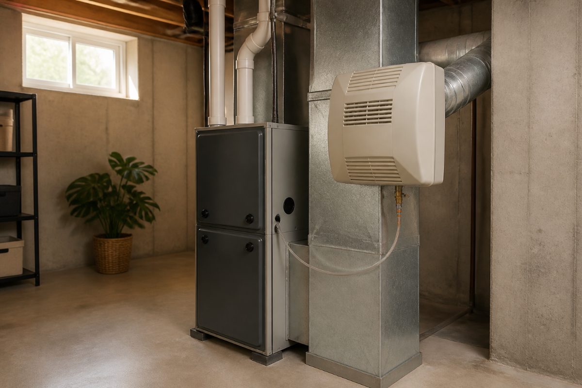 A neatly arranged basement HVAC system with a whole-house humidifier beside the furnace.