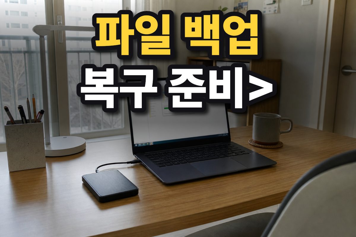 한국 가정의 책상 위 노트북과 외장 저장장치로 파일 백업을 준비한 모습