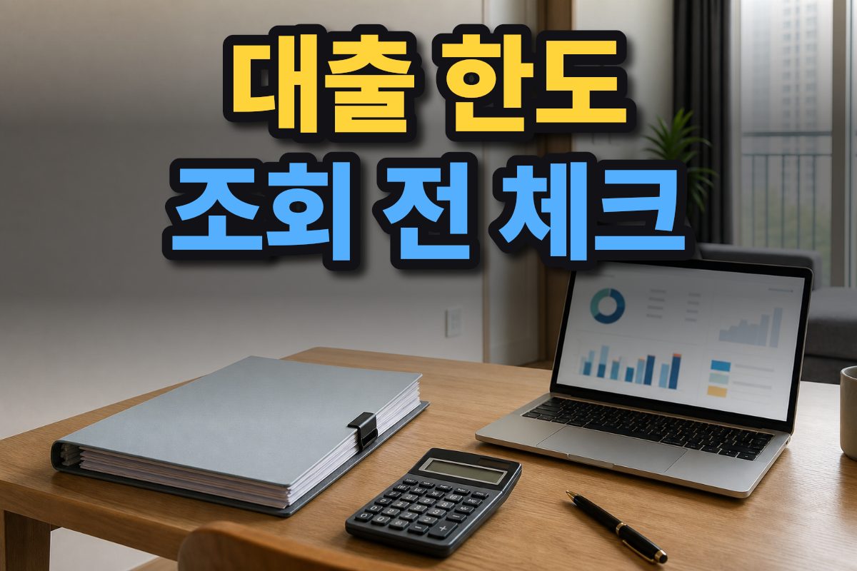 한국 아파트 책상 위에 대출 서류와 계산기, 노트북이 놓여 있습니다.