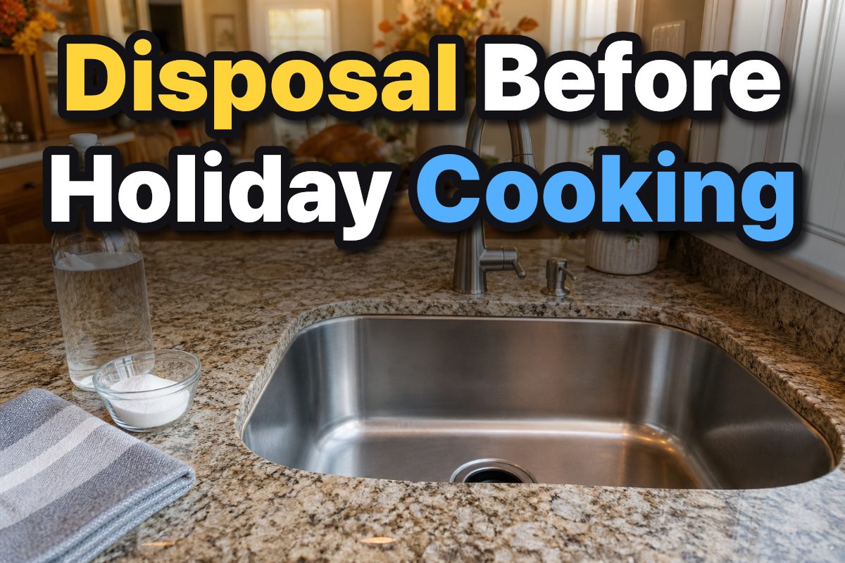 A kitchen sink and simple baking soda and vinegar supplies prepared for cleaning a garbage disposal.