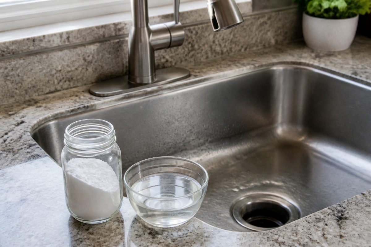 Baking soda and white vinegar beside a kitchen sink before a garbage disposal cleaning.