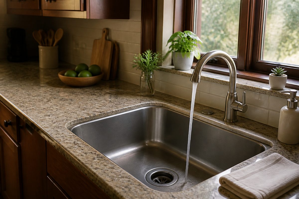 A clean kitchen sink after flushing the garbage disposal with hot water.