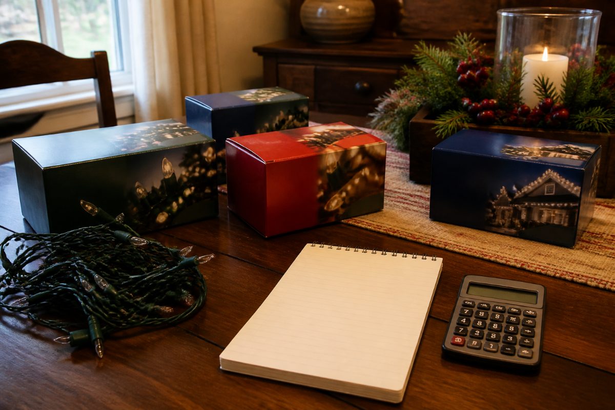 Christmas light packages, a blank notepad, and a calculator ready for checking electrical loads.