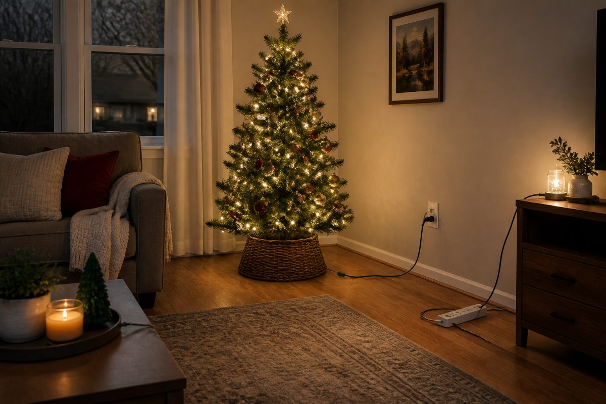 A Christmas tree display with separate light strands and a power strip plugged directly into the wall.