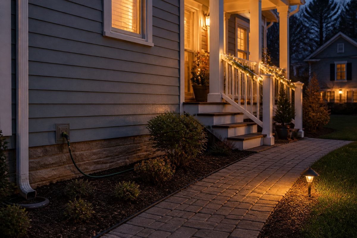 Outdoor Christmas lights on a porch with the cord kept away from the walking path.