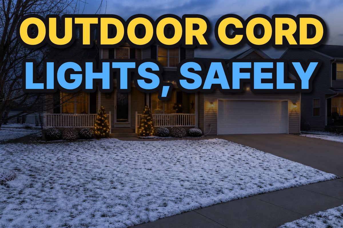 A suburban home displays Christmas lights with an extension cord routed neatly away from the walkway.