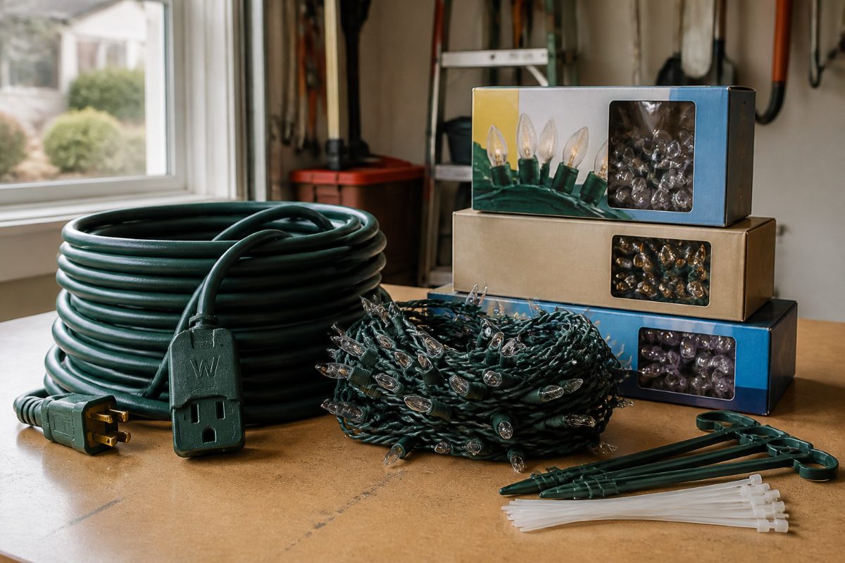 An outdoor-rated extension cord and holiday light string are laid out for a label check.