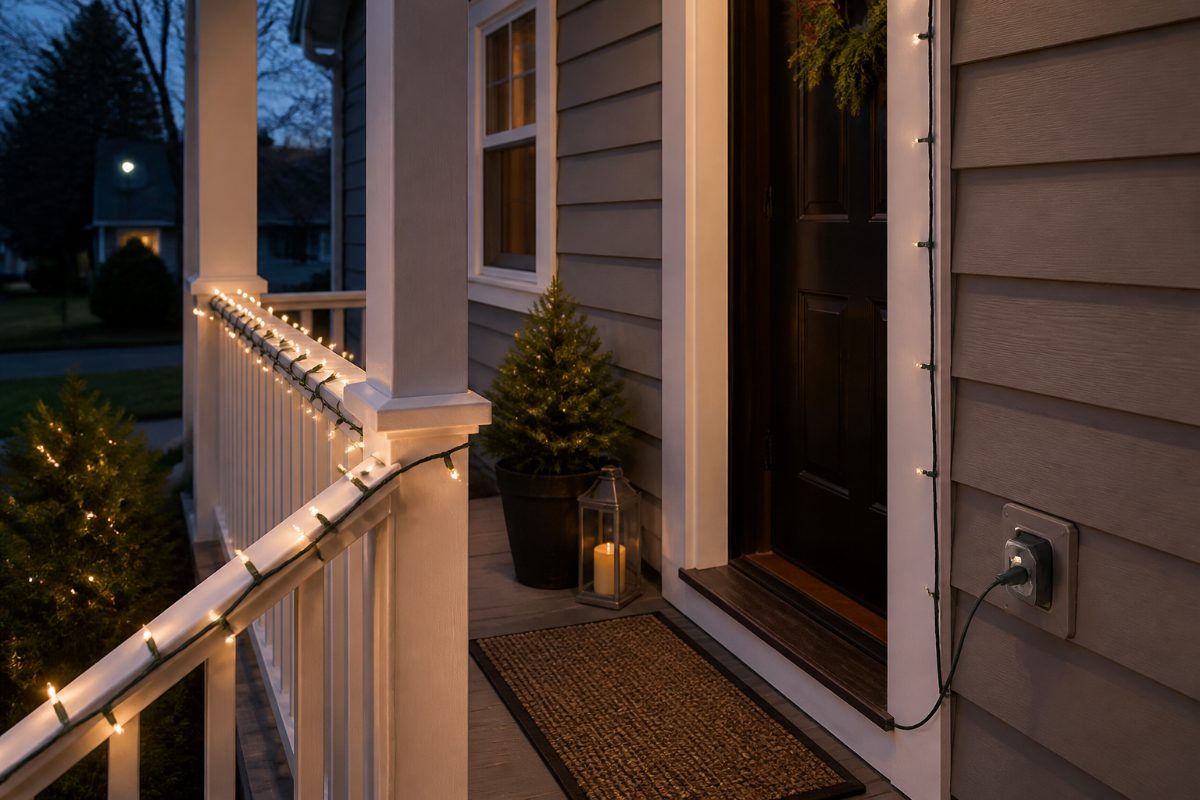 Christmas lights are clipped to a porch railing while the cord follows a protected route.