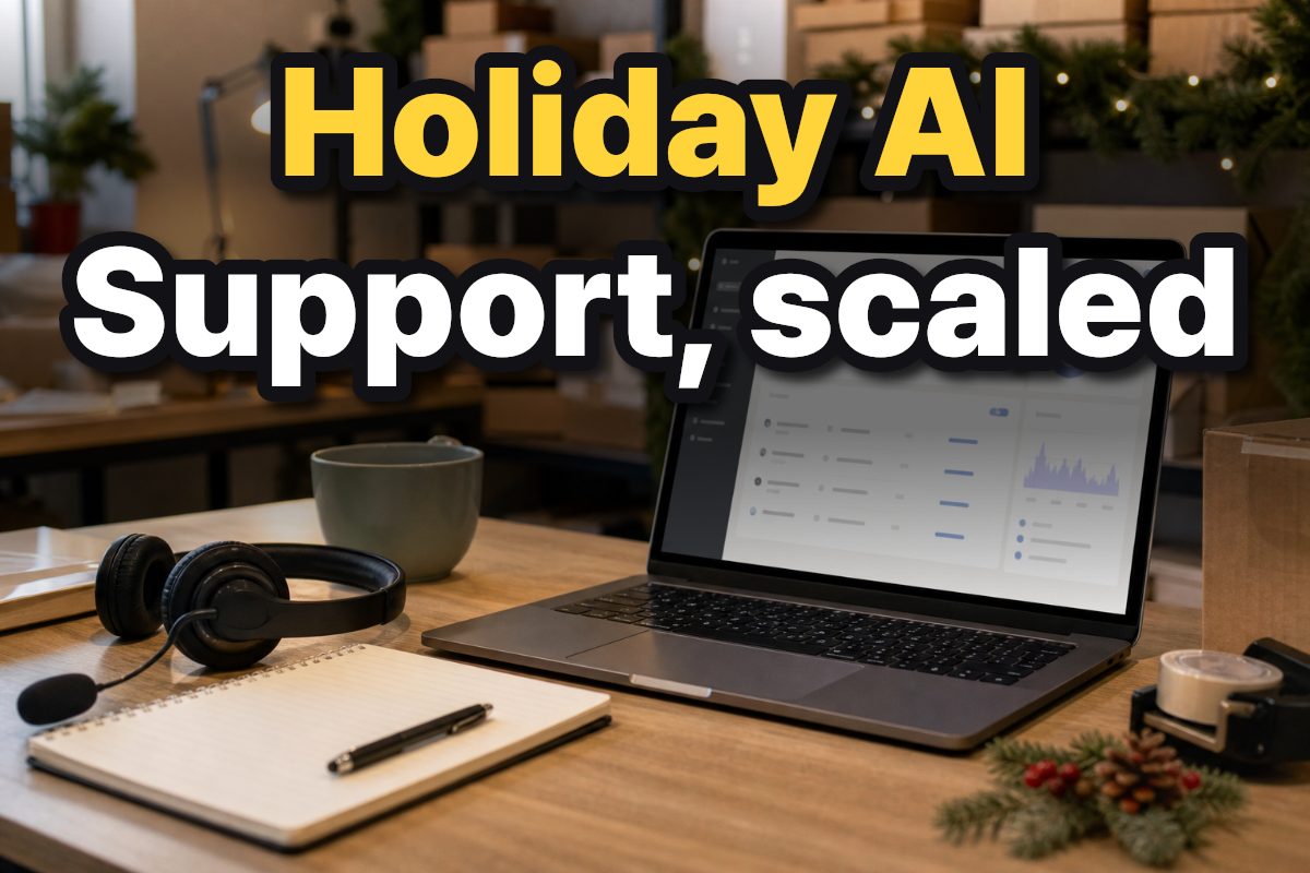 A small business support desk with a laptop, shipping boxes, and understated holiday decorations.