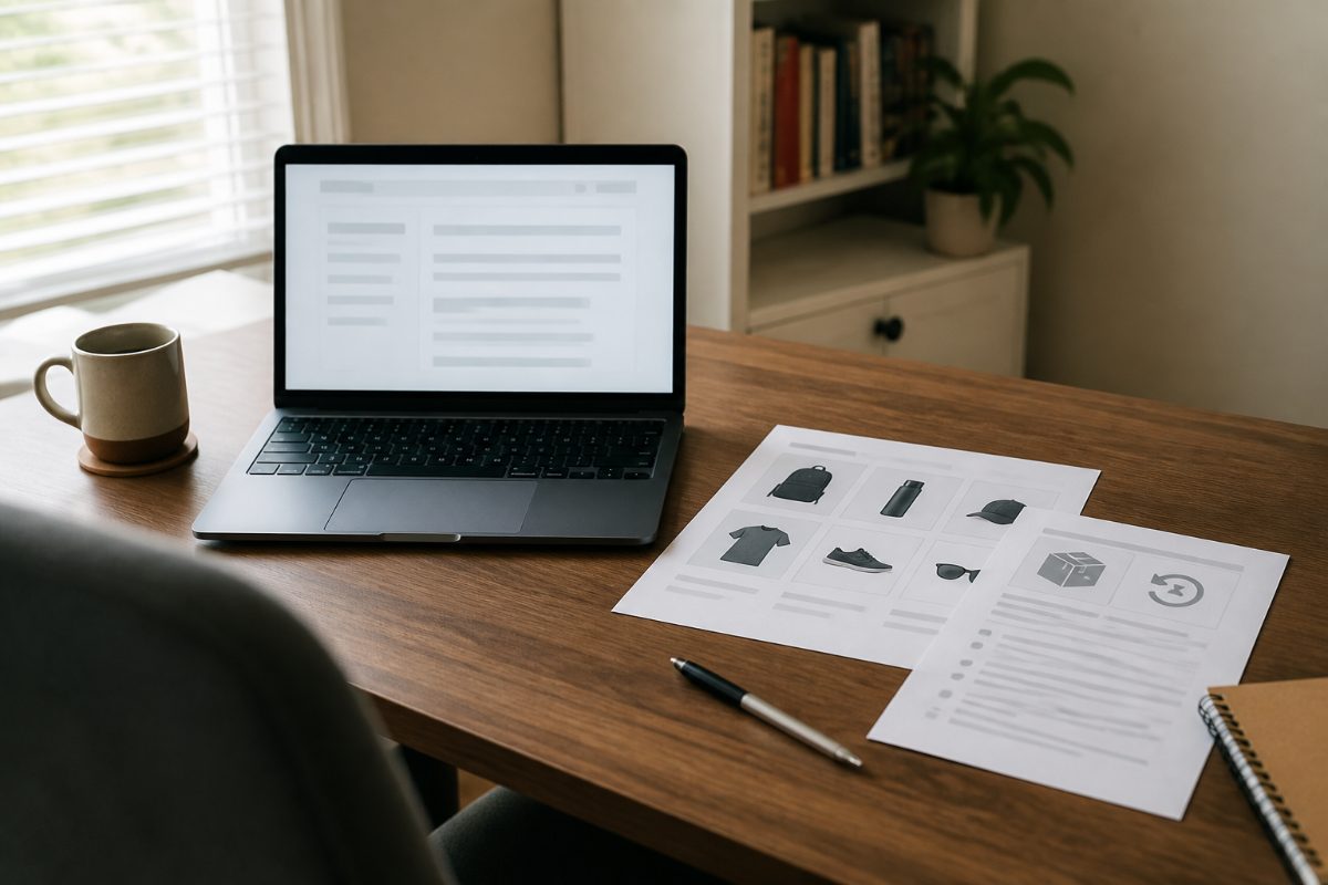 A laptop and organized policy documents prepared for an AI customer support knowledge base.