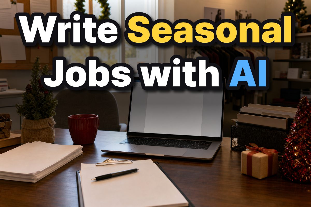 A laptop and blank hiring notes on a desk in a retail office decorated for the holiday season.