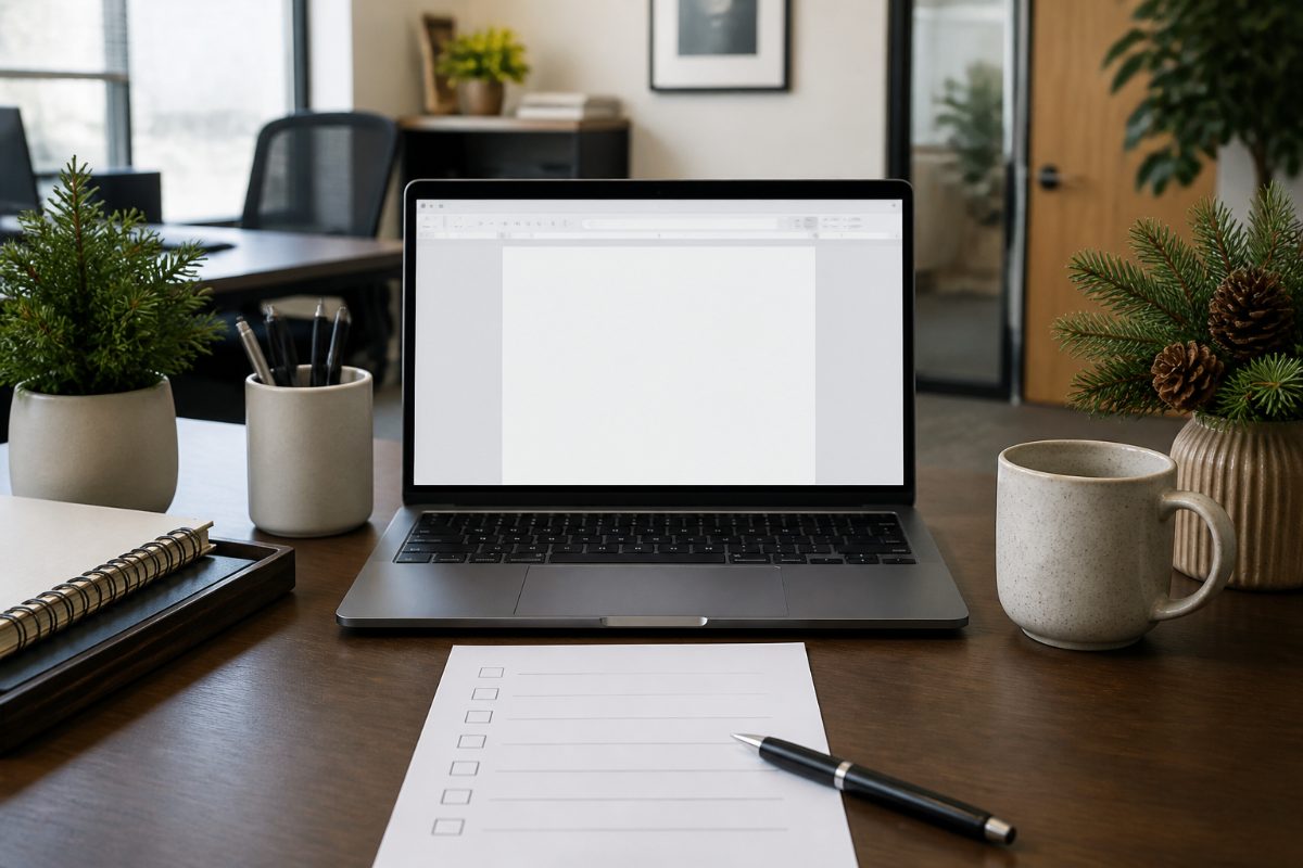 A laptop and blank checklist prepared for drafting a seasonal job description.