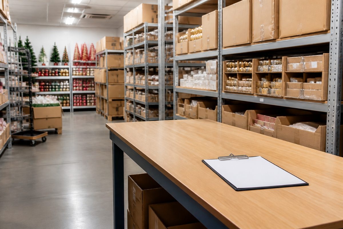 A store stockroom with organized merchandise and a clipboard, representing role-specific seasonal duties.