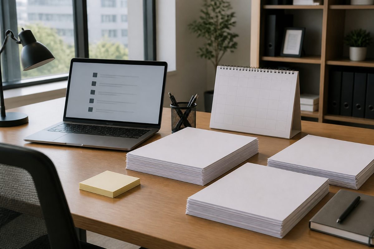A workstation with blank job-description drafts arranged for a final review.