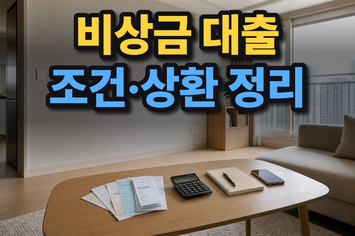한국 아파트 거실 테이블에 스마트폰과 계산기, 메모장이 놓여 있습니다.