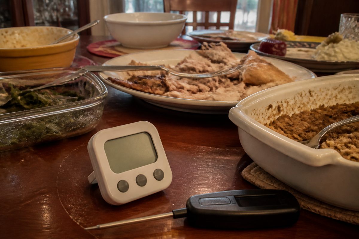 Kitchen thermometer and timer on a table after a holiday meal