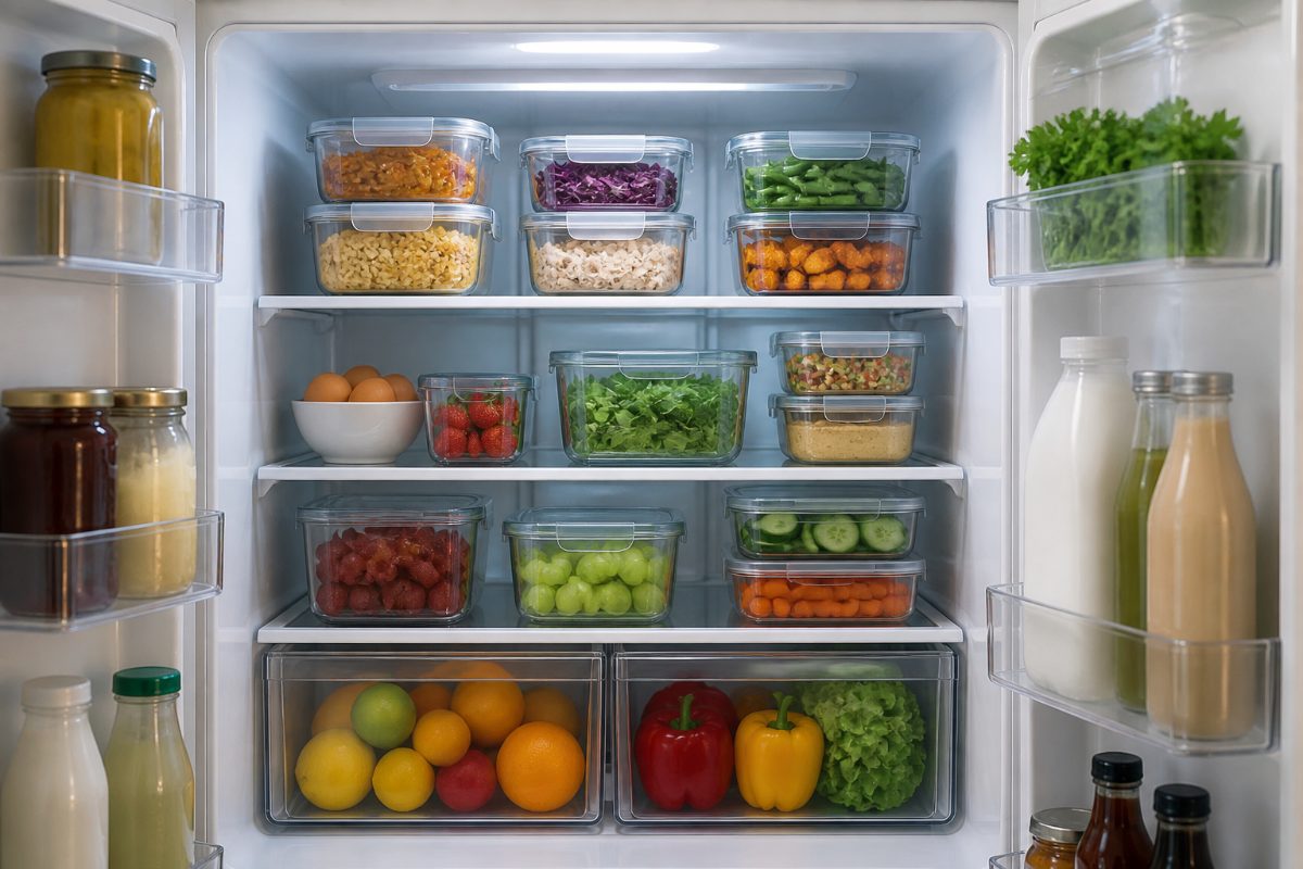 Organized refrigerator shelves containing stored leftovers
