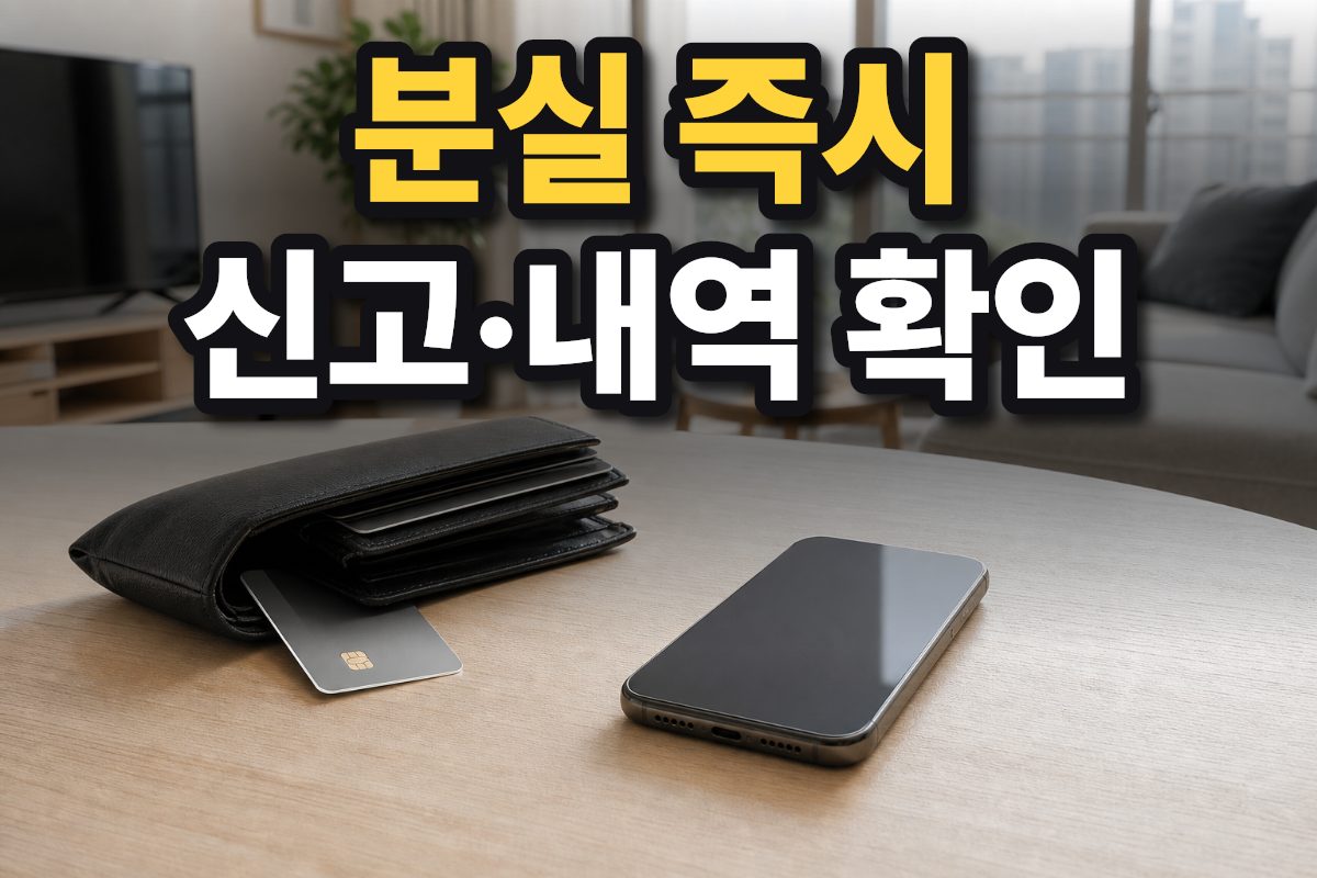 한국 아파트 거실 탁자 위에 지갑과 일반 카드, 스마트폰이 놓여 있습니다.