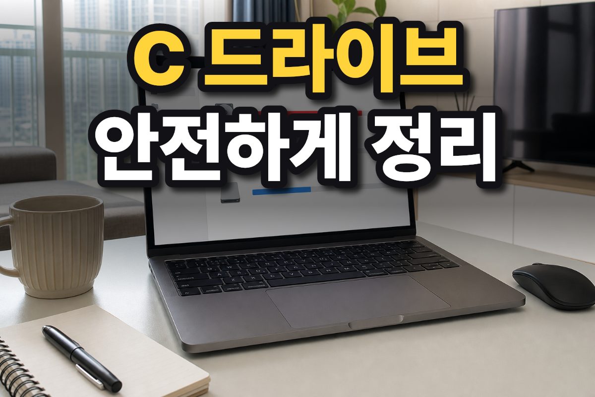 한국 가정의 책상 위 노트북 화면에 저장 공간 사용량이 막대 형태로 표시되어 있습니다.