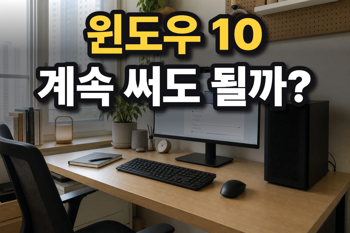 한국 가정의 책상 위에 모니터와 데스크톱 PC가 놓여 있고 업데이트 상태를 점검하는 장면입니다.