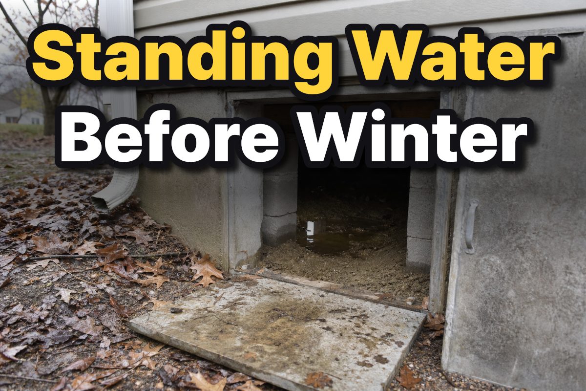 A shallow pool of water is visible on the soil inside a home's crawl space before winter.