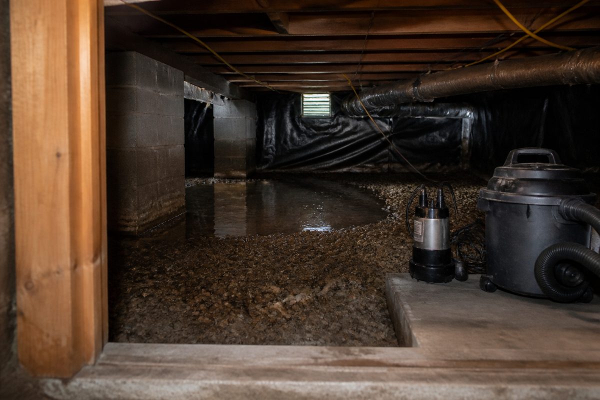 Water-removal equipment is staged near a pooled area in a crawl space without anyone entering it.
