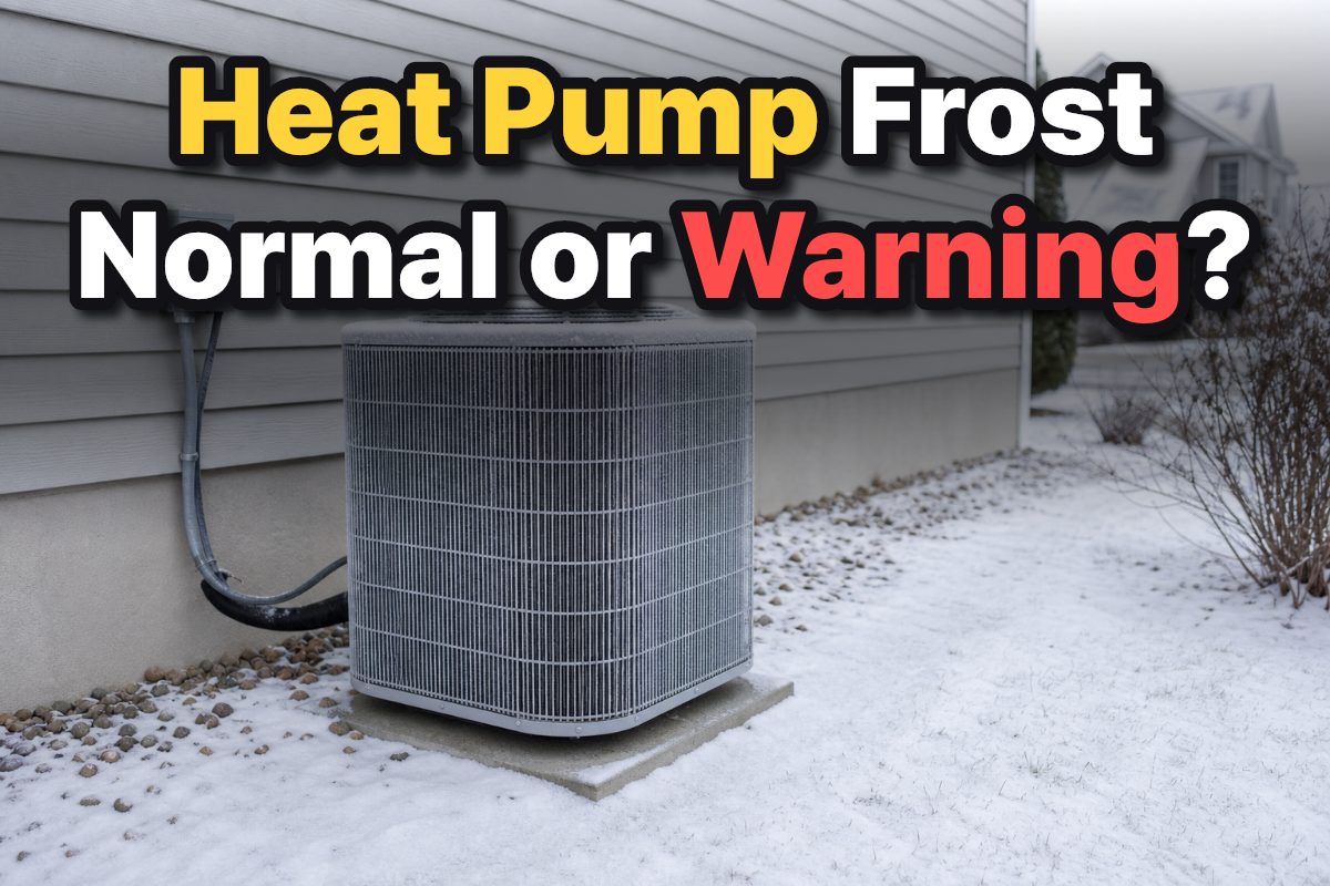 A thin layer of frost covers the outdoor coil of a heat pump beside an American home.