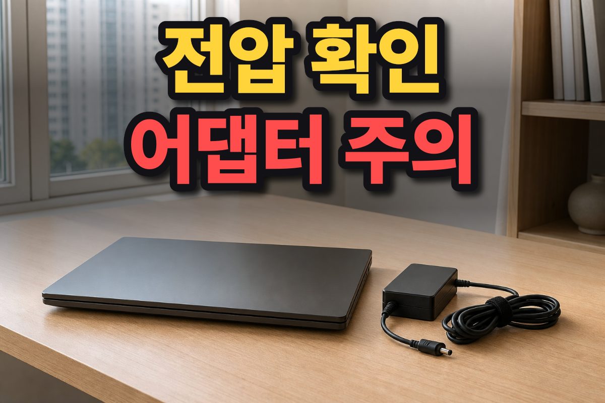 한국 가정의 책상 위에 놓인 노트북과 전원 어댑터, 케이블