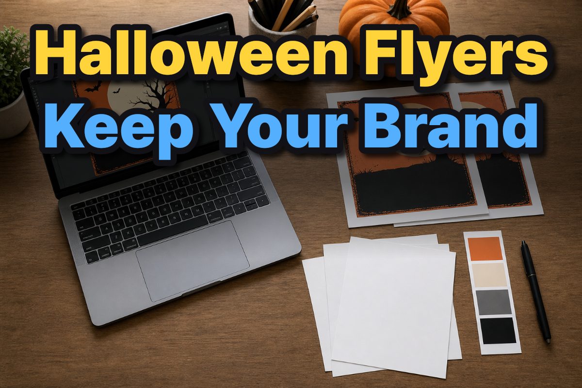 A laptop with a Halloween flyer layout sits beside blank proofs and color swatches.