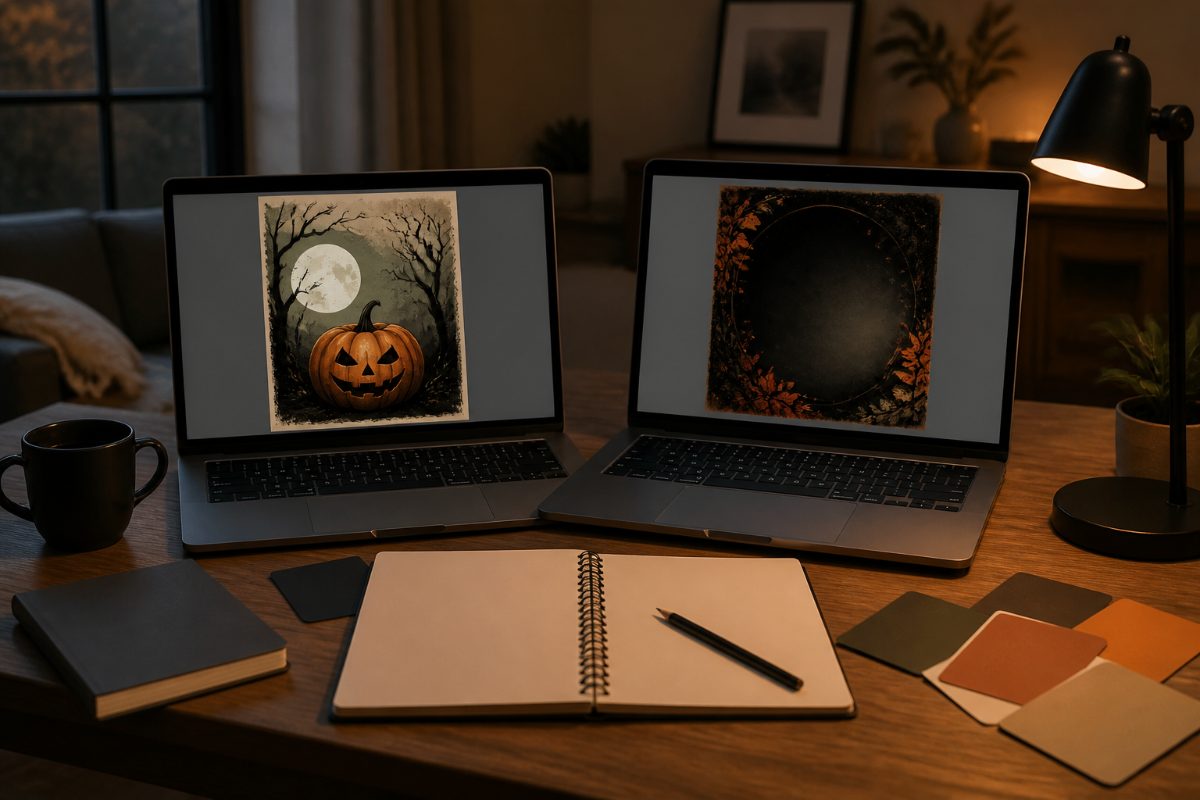 Two Halloween flyer concepts appear on laptop screens in a home-office design workspace.