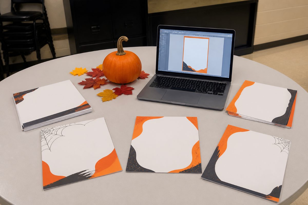 A community event handout and Halloween template preview are arranged on a table.