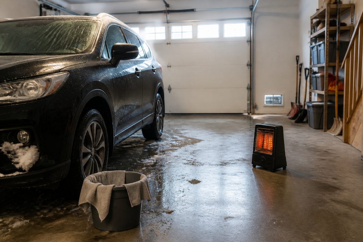 A wet vehicle and an electric heater in a garage being managed to reduce winter moisture.