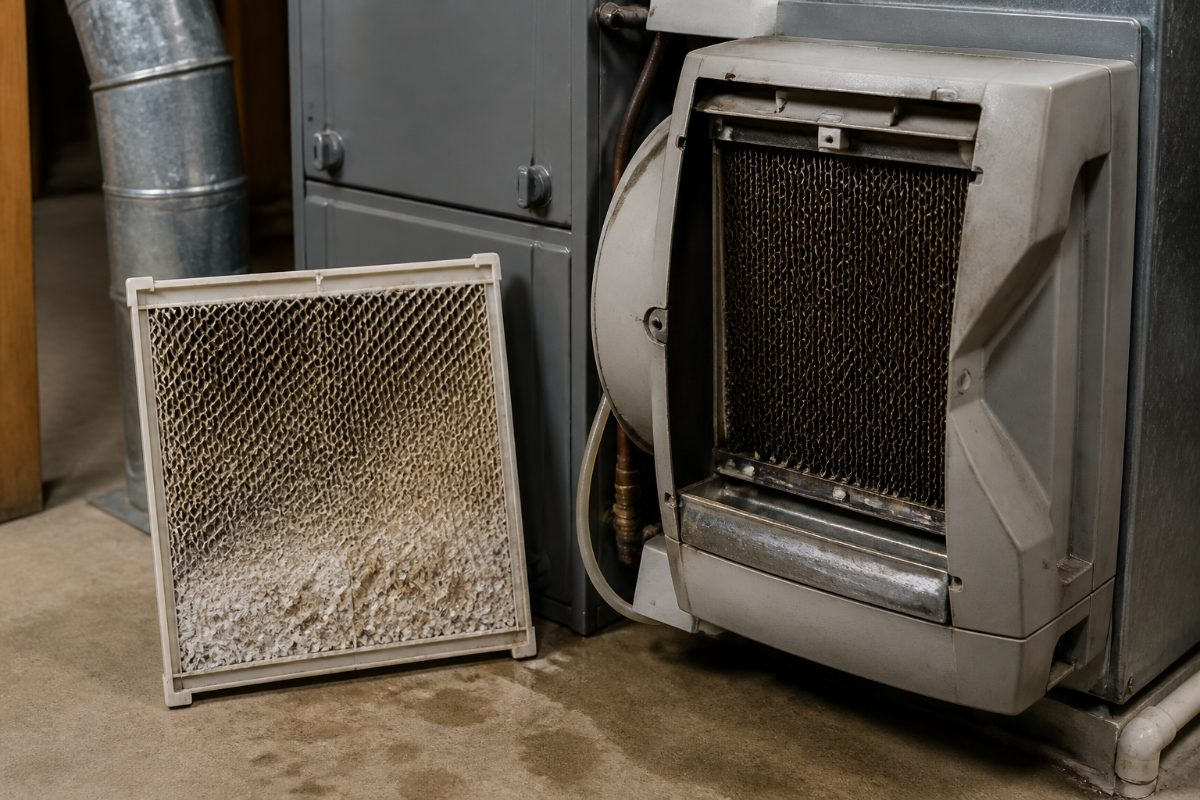An old furnace humidifier water panel with mineral buildup beside the open humidifier housing.