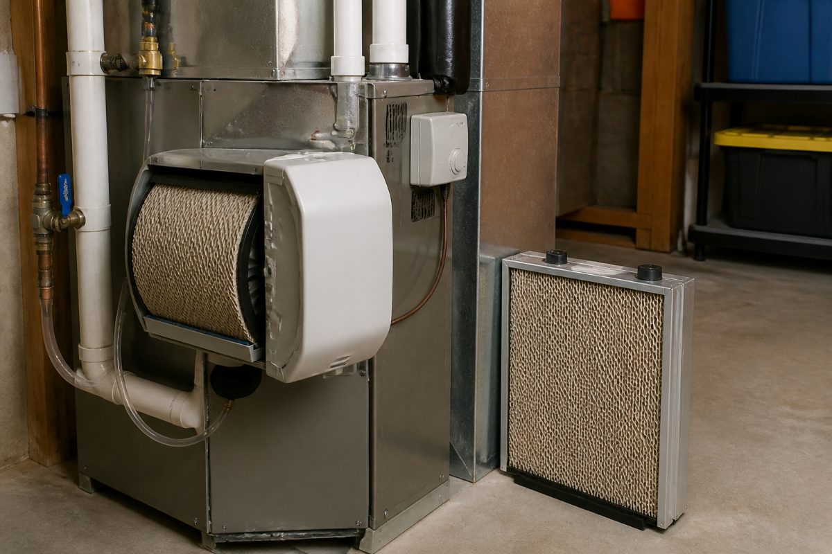 A replacement evaporator panel ready for installation in a whole-house furnace humidifier.