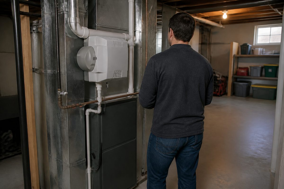 A homeowner checks the drain line and water connections around a furnace humidifier.