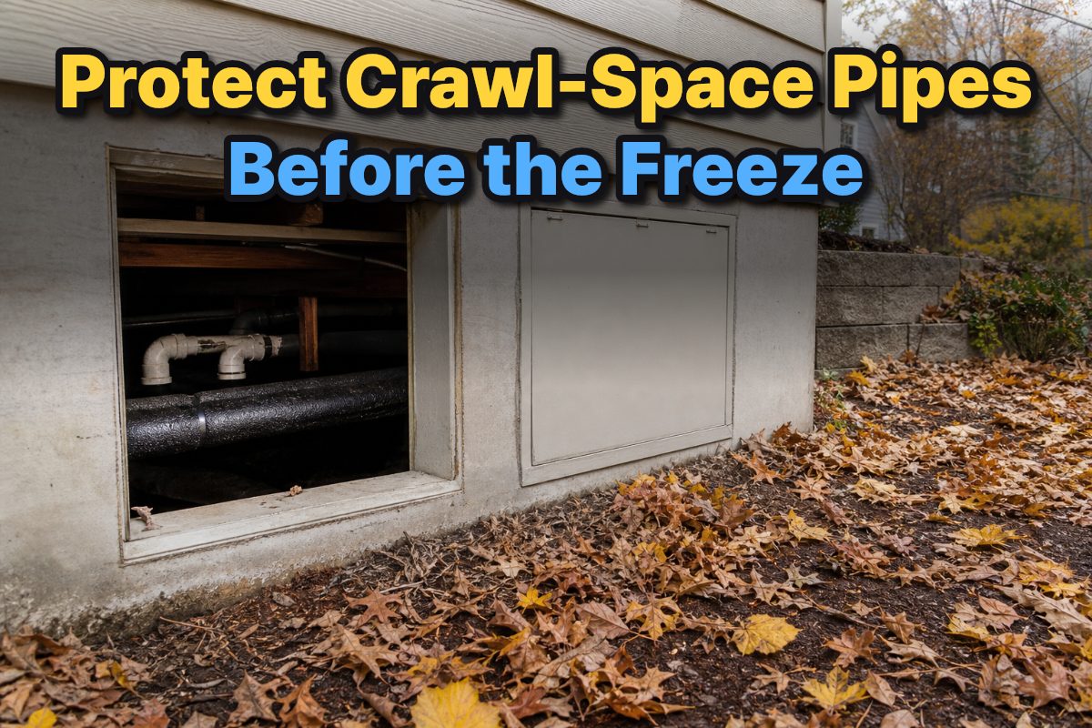 A home crawl-space access area and insulated pipes prepared for cold weather.