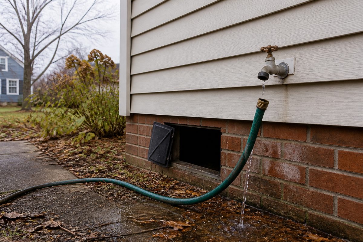 A garden hose disconnected from an outdoor faucet before freezing weather.