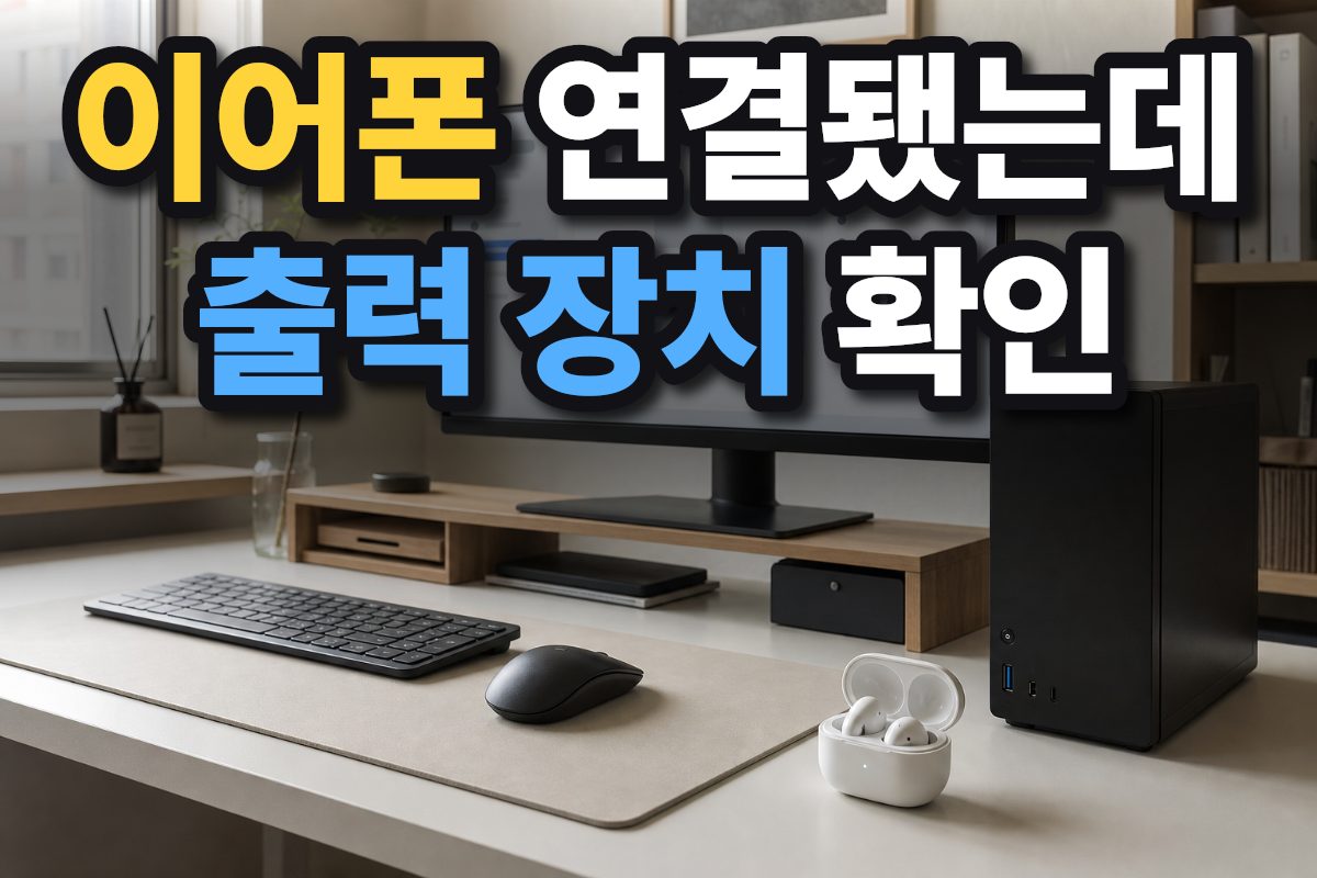 한국 가정의 책상 위 PC와 충전 케이스에 담긴 블루투스 이어폰