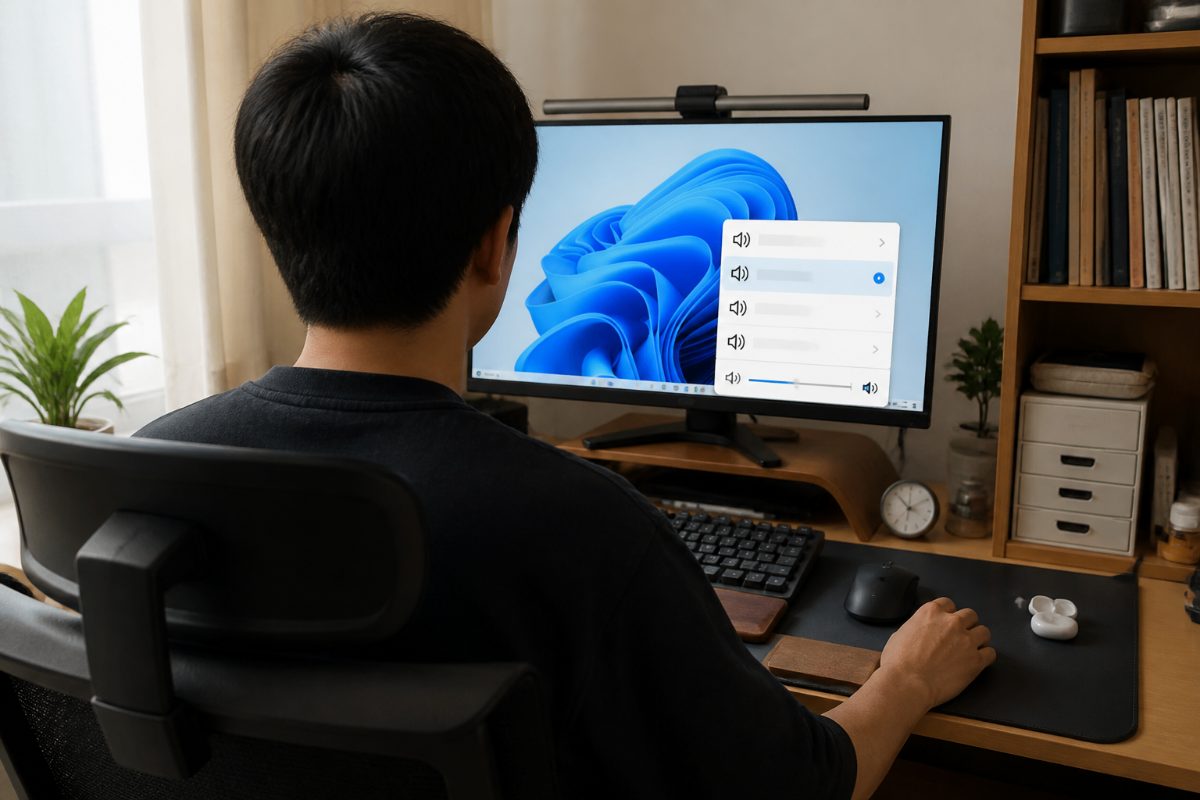 PC 화면에서 사운드 출력 장치를 선택하는 모습