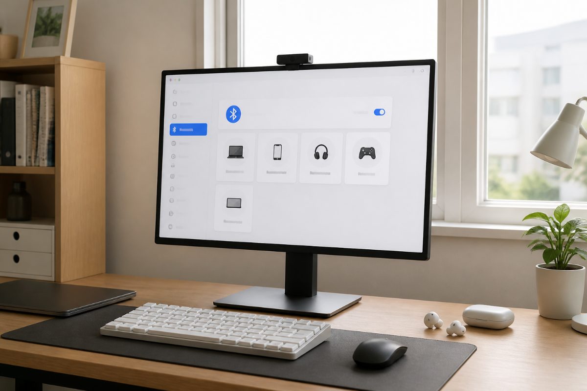 PC의 Bluetooth 장치 목록과 이어폰을 함께 확인하는 책상