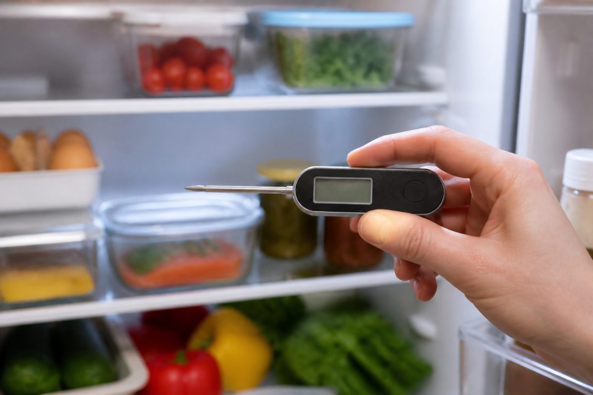Kitchen refrigerator interior showing safe food storage temperatures
