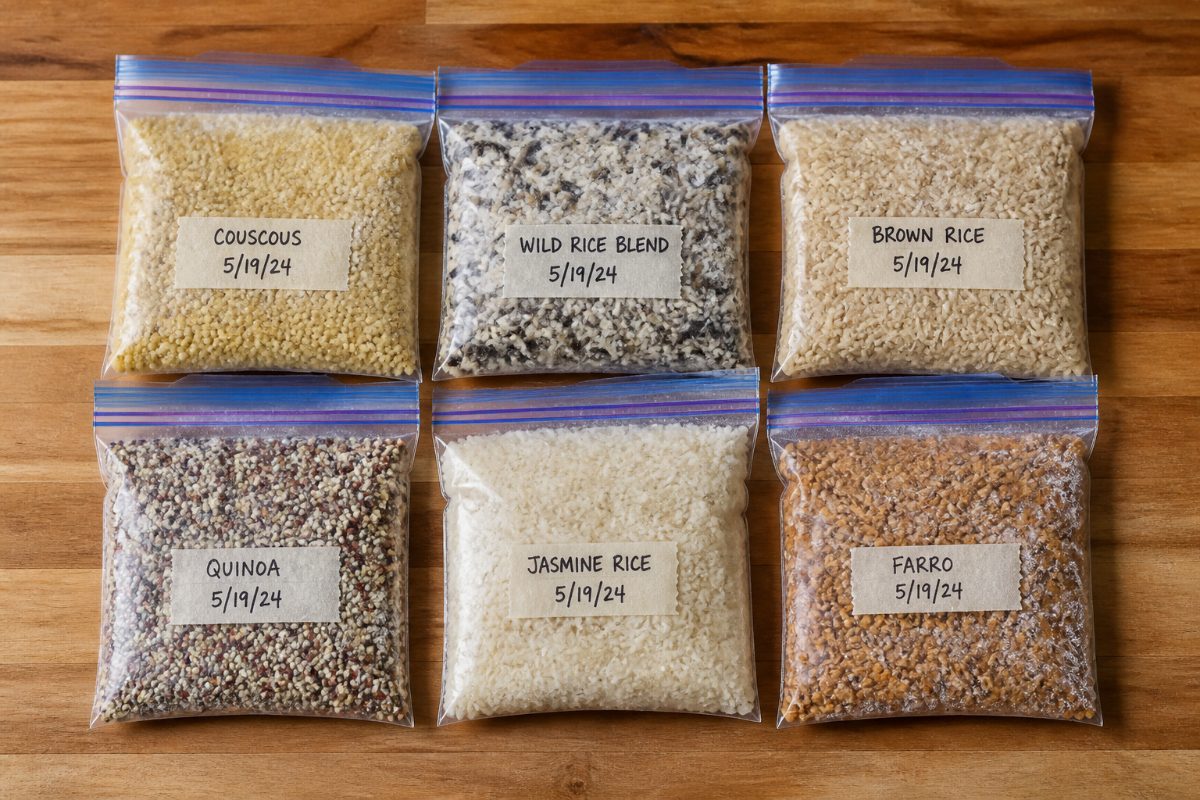 Portioned cooked rice in labeled freezer bags ready for storage