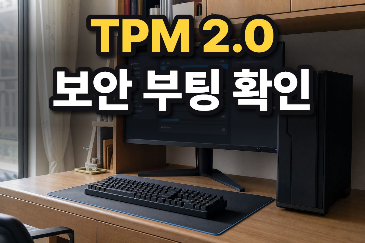 한국 가정의 책상 위 PC와 펌웨어 설정 화면을 확인하는 모습