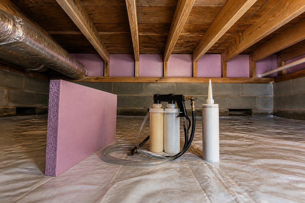XPS rigid foam board and spray foam materials staged beside crawl space joists.