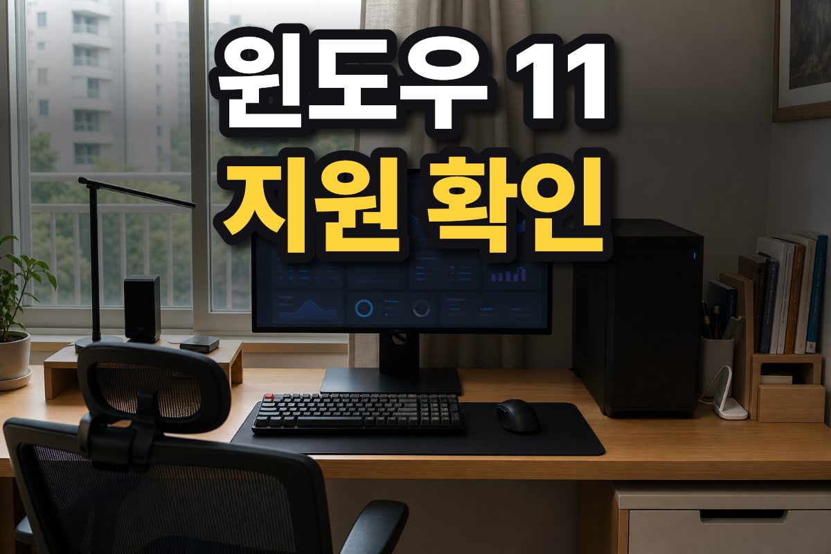 한국 가정의 책상 위에 놓인 데스크톱 PC와 상태 확인 화면이 보이는 모니터