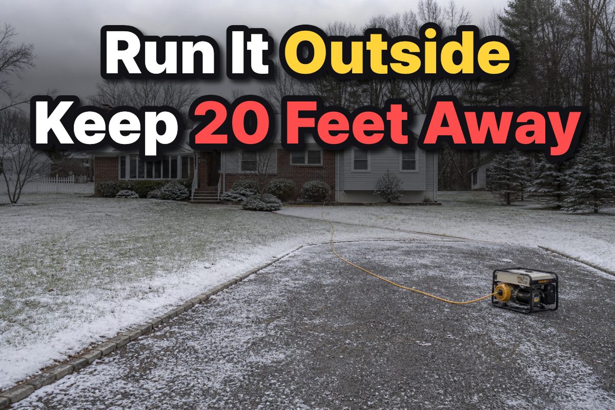A portable generator runs in an open outdoor area away from a snow-covered American home.