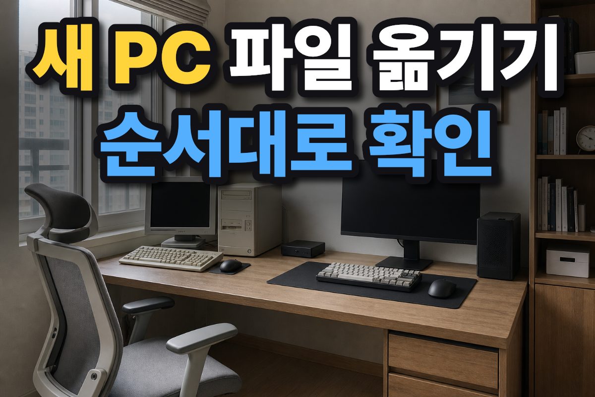 한국 가정의 책상 위에 기존 PC와 새 PC, 외장 저장장치가 놓여 있다.