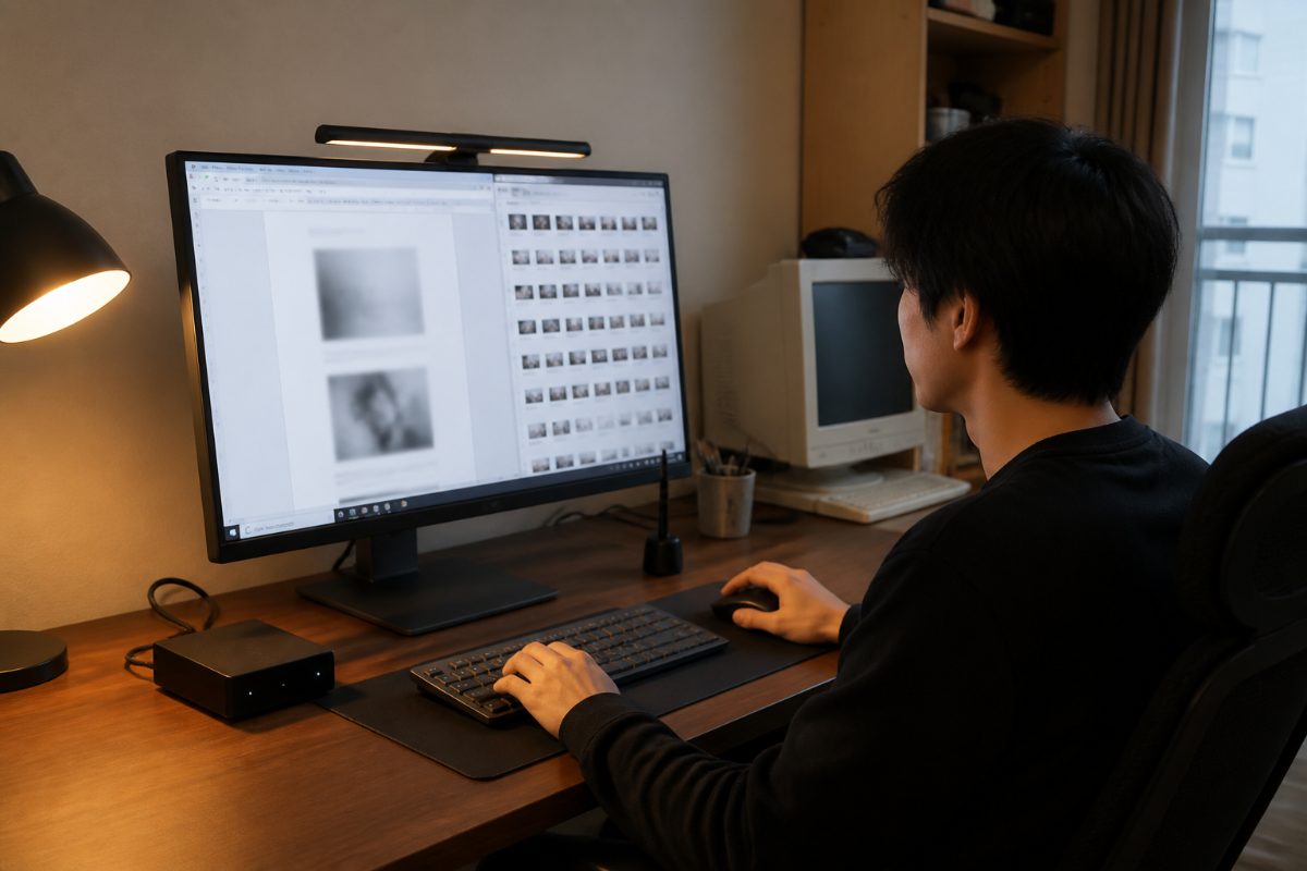 새 PC에서 문서와 사진 파일을 열어 확인하는 모습이다.