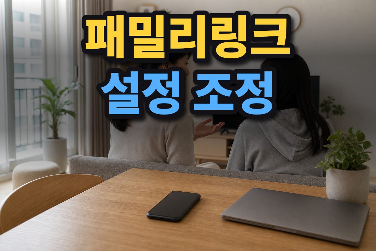 한국 아파트 거실에서 보호자와 자녀가 스마트폰을 두고 이야기를 나누고 있습니다.